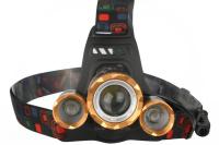 Фонарик Ultra Flash E1333 (налоб, аккум 3,7В, золото/черный, 3LED, 4 Ватт, фокус, 2 ак 4 реж) — фото