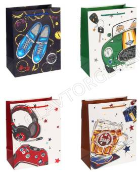 Пакет подарочный бумажный тм LADECOR M 18x23x10 см, для мужчин арт 2, 4 дизайна