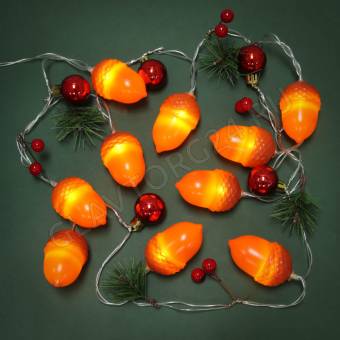 СНОУ БУМ Гирлянда эл. насадка "Желуди" 2м, 10LED, шампань, пост.св, ПВХ проз, 2хАА