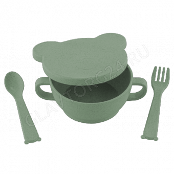 Эко посуда Bear (миска с крышкой,ложка и вилка) зеленый 330мл