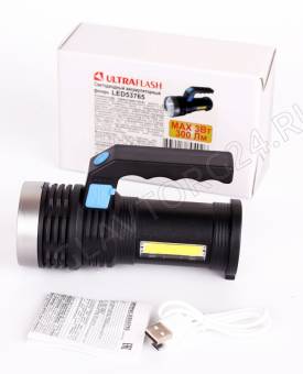 Фонарик Ultraflash LED53765  (акк 4В, черн., 2LED, 3 Вт, 4 реж, USB, бокс са)