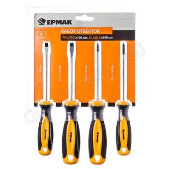 Набор отверток ЕРМАК 4 пр. 9986 (PH1,PH2x100; SL5,SL6x100)