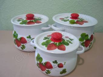 Набор эмалир. 11 белый с деколью на кр. Летняя ягода (кастр. сф. 4л, 5,5л, 8л)