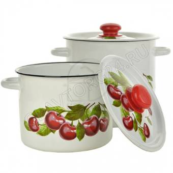 Набор эмалир. 20 Вишневый сад белый с деколью на кр. (кастрюли цилиндр. 3,5/5,5л) N20B55