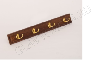 Вешалка для одежды, 4 двухрожковых крючка (золото) на деревянной основе /6