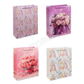 Пакет подарочный бумажный тм LADECOR, L 26x32x10 см, "Цветы" арт 2, 4 дизайна