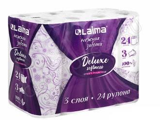 Бумага туалетная 3-х слойная, 24 рулона (24х16,5м.), LAIMA Deluxe, 100% целлюлоза, 115397