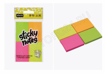 Бумага д/записей 38*51мм /50л, 75г/м?, неон 4цв с липким краем/набор 4шт