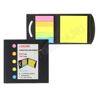 Закладки с клеевым краем бумажные 15*50мм 75*75мм 6цв*25л deVENTE Neon, крафт.уп 2011000