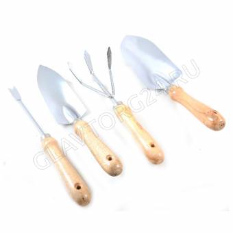 Садово-огородный набор (совок широкий, совок узкий, рыхлитель, корнеудалитель) деревянные ручки 4шт 