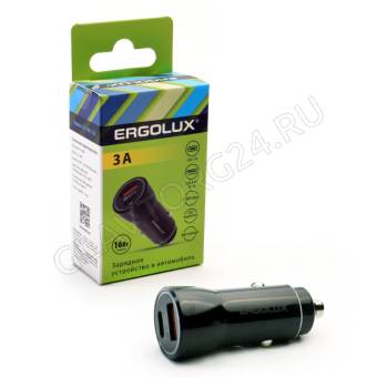 Автомобильный адаптер 1USB+1Type C, 12В, 5V/3А, LED, Черный, Коробка ERGOLUX ELX-CA01-C02 