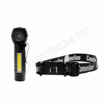 Фонарик Camelion LED53408 (налоб, аккум 3,7В, черн, XPE+COB, 3 Вт, 3 реж, магнит, Type-C, бокс)
