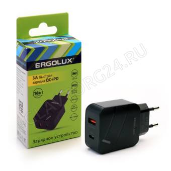 Зарядное устройство сетевое ERGOLUX ELX-РA01QC-C02 1xUSB/1xType-C 5-9B QC 3A черный