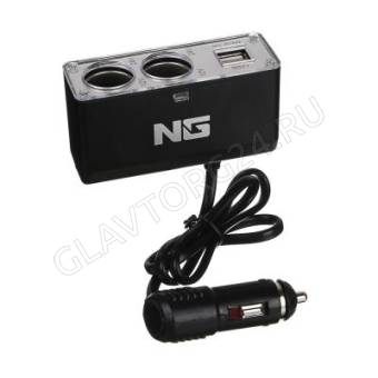 Разветвитель прикуривателя в авто 2 гнезда, 2хUSB 60W 2.1А 12/24В пластик
