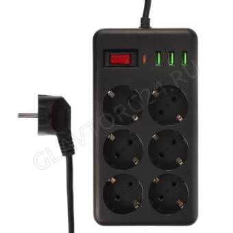 Удлинитель, сетевой фильтр Black 6 розеток, 3 м, 3*USB, 1*type-C,выкл., 2500Вт,чёрный