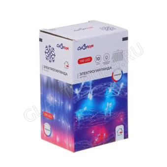 СНОУ БУМ Гирлянда эл. занавес 2х2м, 100LED, 10 нитей, триколор,пост.свеч., ПВХ прозрачный, 220В