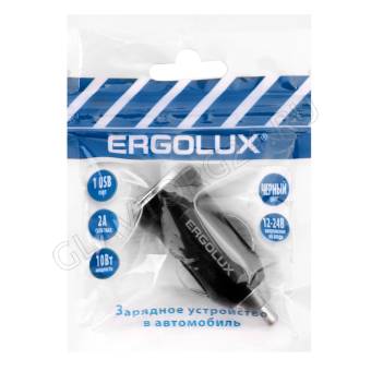 Автомобильный адаптер 1USB, 12В, 5V/2А, LED, Черный, Пакет ERGOLUX ELX-CA01P-C02 ПРОМО 