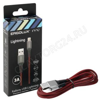 Кабель USB штекер-Lightning штекер ERGOLUX ELX-CDC09-C43 1,5м тканевый 3А черно-красный