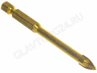 Сверло по кафелю, 4 режущие кромки, титановое покрытие, U-хвостовик под биту  6х74 мм