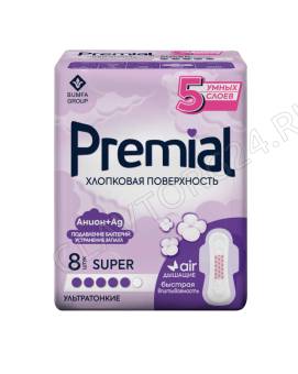 PREMIAL Прокладки с крылышками SUPER WINGS ХЛОПКОВАЯ ПОВЕРХНОСТЬ 1/8/24