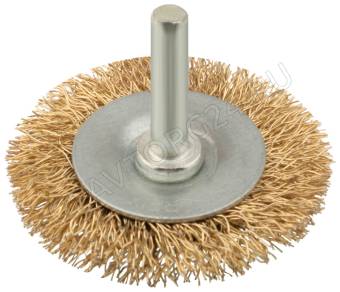 Корщетка, тип "колесо", со штифтом, стальная латунированная волнистая проволока  75 мм (MOS)