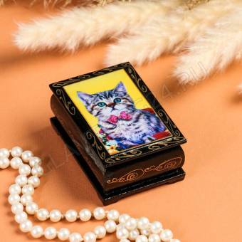Шкатулка "Котенок с бабочкой" , 6х9 см , лаковая миниатюра 7582829