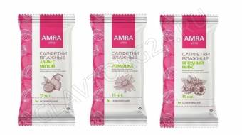 Салфетки влажные AMRA освежающие 15шт лайм с мятой, ягодный микс, ромашка/48