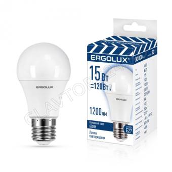 Лампа светод. Ergolux LED-A60-15W-E27-6K ЛОН 15Вт Е27 6500К 220-240В, ПРОМО