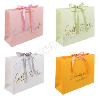 Пакет подарочный вскч бум., 210 гр, с лентой, L 32x26x11 см, 4 цвета