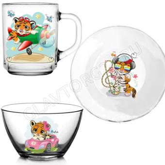 Набор для завтрака (200мм + 450 мл+ 250мл)  "Веселые тигрята"  6 видов D1888/1+D1542/1+D1649/1