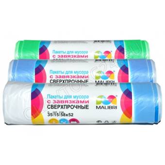 Пакеты для мусора MALIBRI "Сверхпрочные" с завязками, 35л, 15шт (35)					