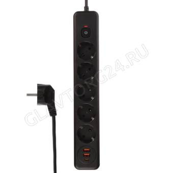 Удлинитель, сетевой фильтр BY Black 5 розеток, 3 м, 2*USB, 1*type-C,выкл., 2500Вт, чёрный
