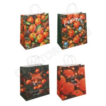 Пакет подарочный новогодний крафт тм СНОУ БУМ 28x32x15 см с кручеными ручками 4 диз, 150гр/м2